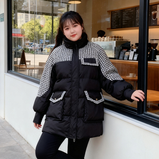 胖mm千鸟格宽松羽绒棉服女时尚 女装 加厚保暖连帽棉衣外套 大码 冬季