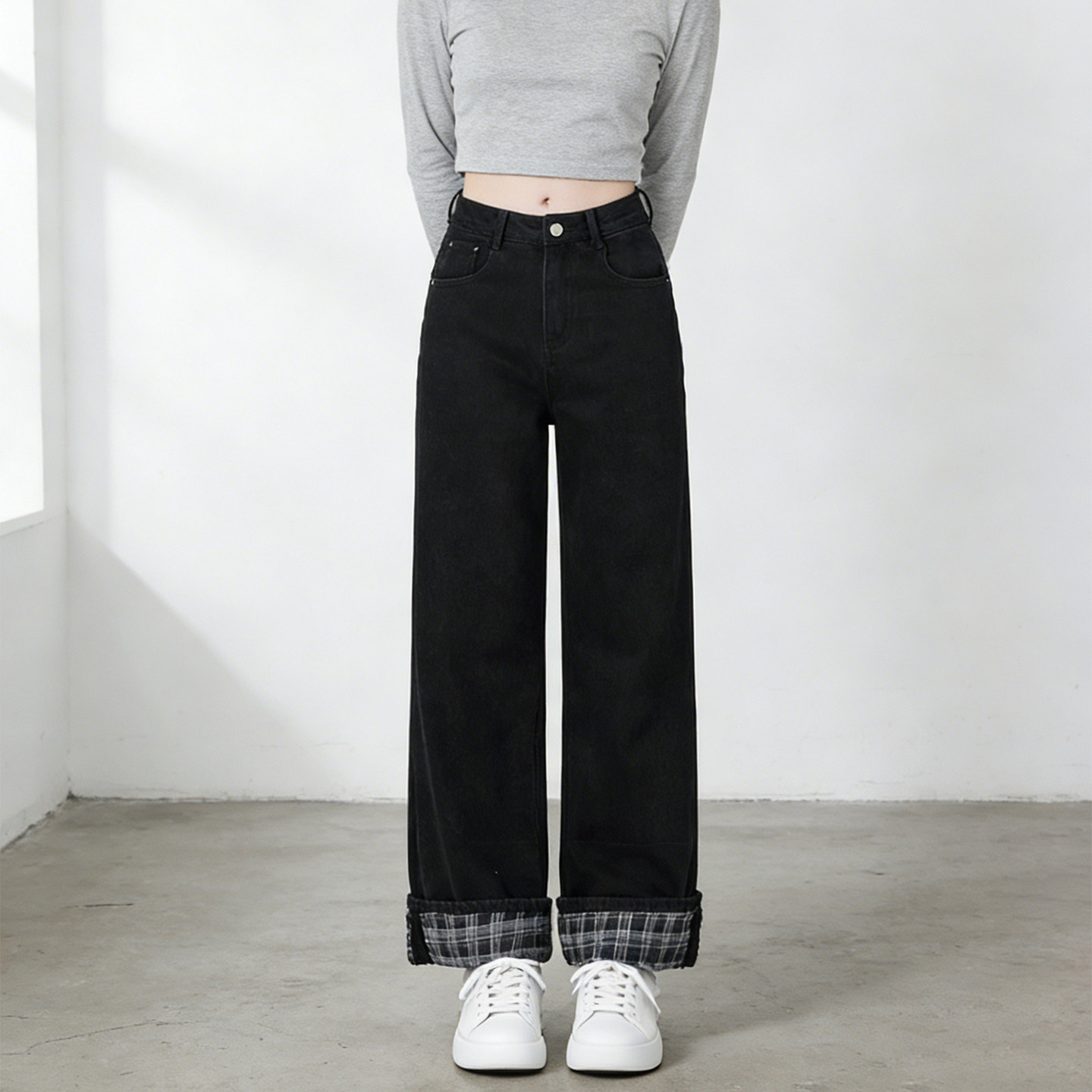 2026春季大码胖mm黑色复古格子卷边拼接直筒牛仔裤女显瘦阔腿裤子,女装/女士精品,大码裤装,淘宝优惠券,粉丝福利购,淘宝优惠卷