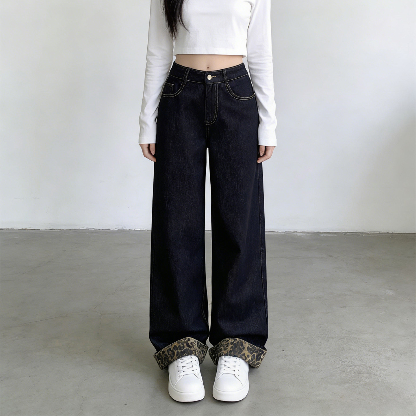 2026春季大码胖mm美式复古豹纹阔腿牛仔裤女高腰显瘦拖地宽松长裤,女装/女士精品,大码裤装,淘宝优惠券,粉丝福利购,淘宝优惠卷