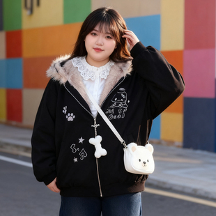 大码 胖mm秋冬卡通刺绣毛茸茸连帽棉服女夹棉保暖加厚棉衣外套 女装