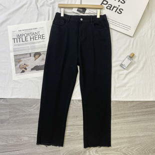 宽松弹力牛仔裤 胖mm高腰港味黑色毛边直筒九分裤 女 女装 300斤大码