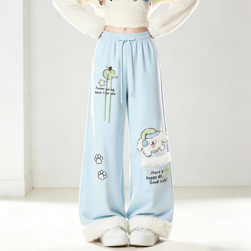 大码高腰软糯羊羔毛拼接阔腿卫裤