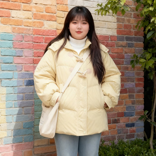大码女装胖mm牛角扣连帽羽绒棉服