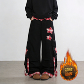 大码 女宽松撞色格子翻边阔腿裤 胖mm趣味星星刺绣大口袋工装 牛仔裤