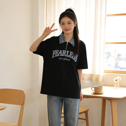 300斤大码美式字母翻领短袖T恤女