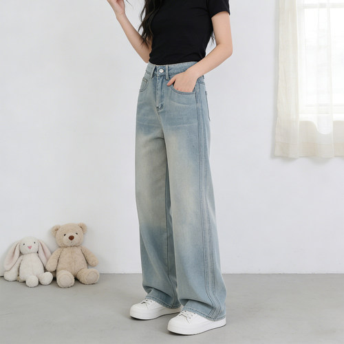 春夏大码高腰阔腿牛仔裤女显瘦