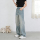 女宽松显瘦直筒休闲拖地长裤 2026春夏大码 胖mm高腰水洗阔腿牛仔裤