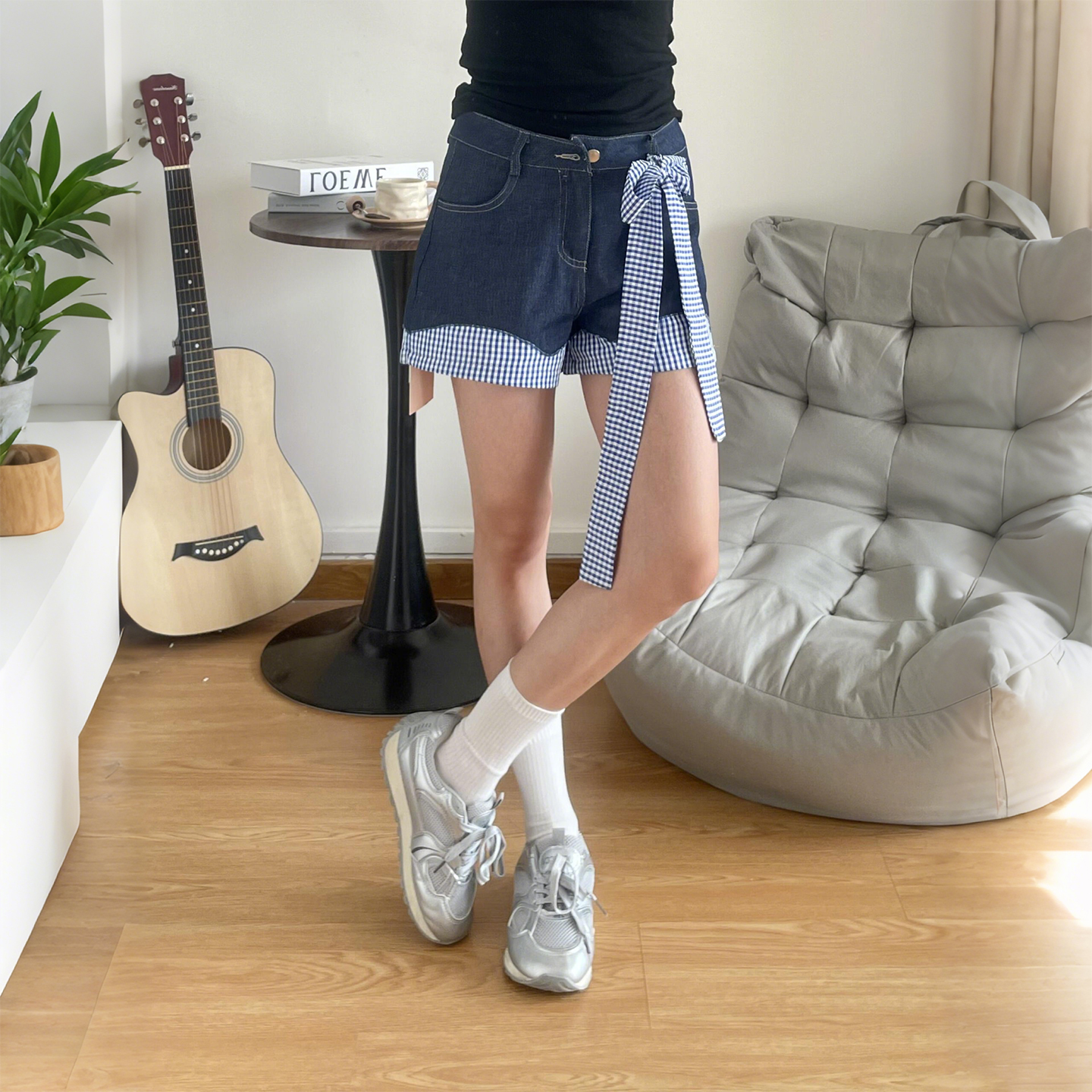 300斤大码美式复古格子牛仔短裤