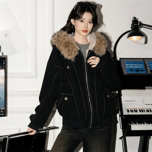 大码胖mm美式毛领派克服女冬季