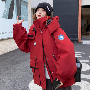 款 连帽派克服女冬季 宽松加厚保暖棉衣棉服外套 胖mm学院风工装 大码