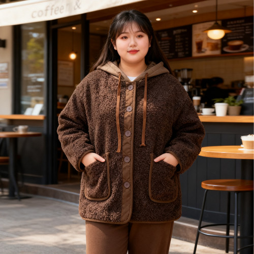 大码女装胖mm休闲连帽羊羔毛外套