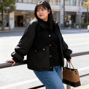 立领羽绒棉服女加厚宽松保暖泡泡袖 胖mm复古工装 棉衣外套 女装 大码