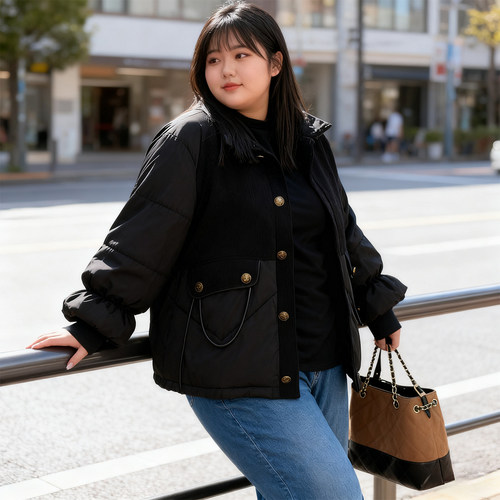 大码复古工装立领加厚羽绒棉服女