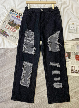 300斤大码女装胖mm夏季新款黑灰色破洞宽松高腰阔腿显瘦牛仔裤女