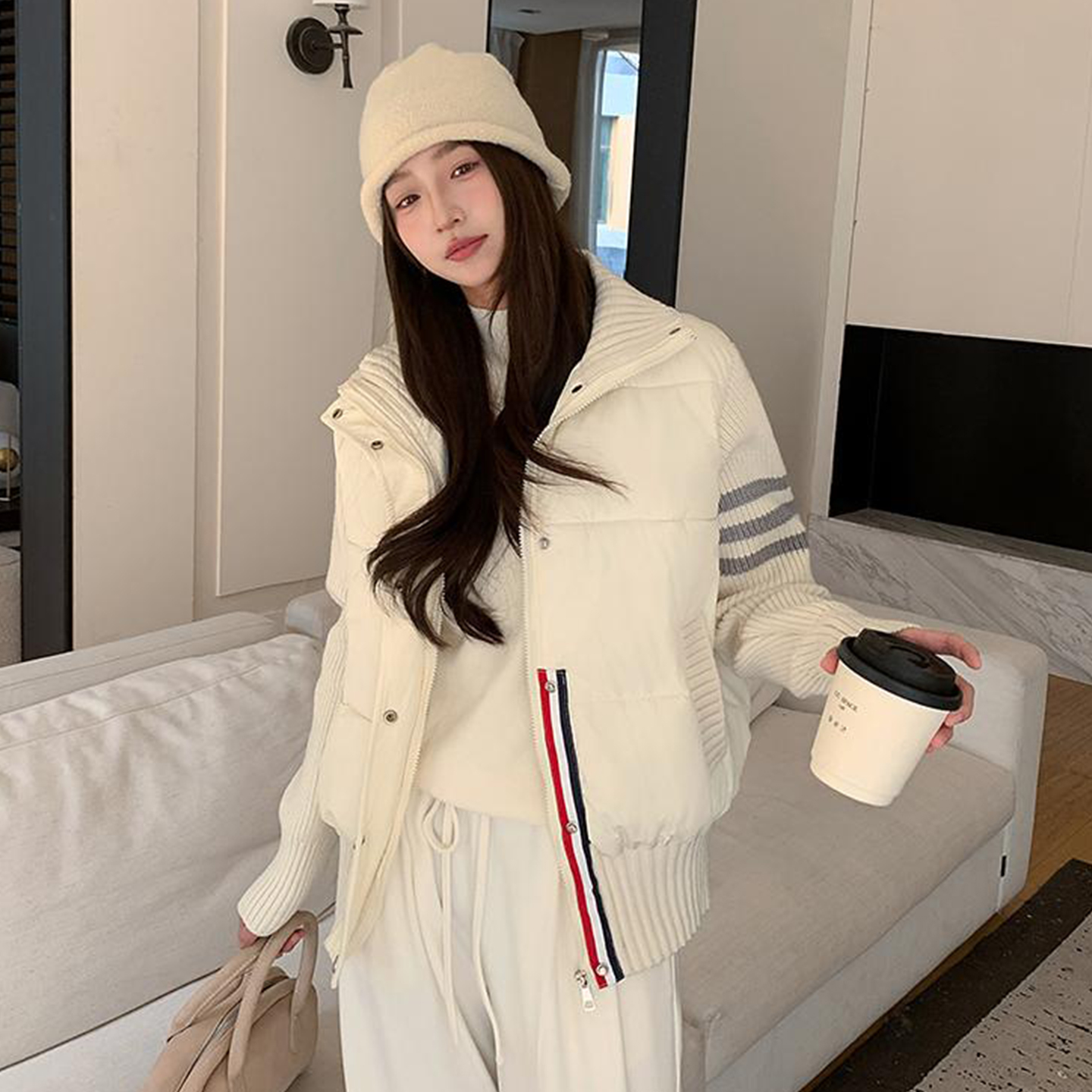 大码胖mm宽松假两件针织拼接棉服