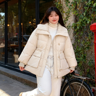 大码 胖mm宽松加厚保暖羊羔毛翻领收腰羽绒棉衣外套 棉服女2025冬季