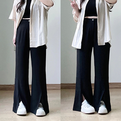 300斤大码胖mm开叉微喇叭西裤女