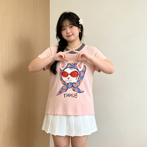 大码胖mm温柔风猫咪印花短袖T恤