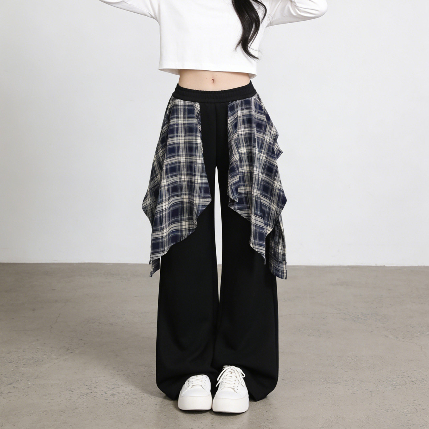 2026春季特大码胖mm美式街头假两件格子拼接休闲裤女阔腿宽松卫裤,女装/女士精品,大码裤装,淘宝优惠券,粉丝福利购,淘宝优惠卷