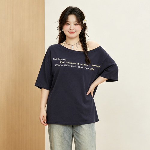 大码胖mm斜肩字母印花短袖T恤女