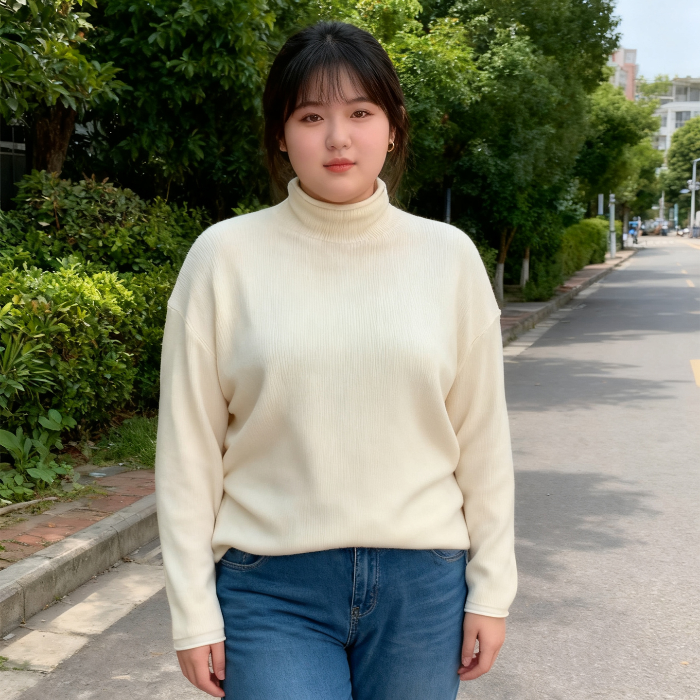 胖mm慵懒风半高领长袖毛衣女