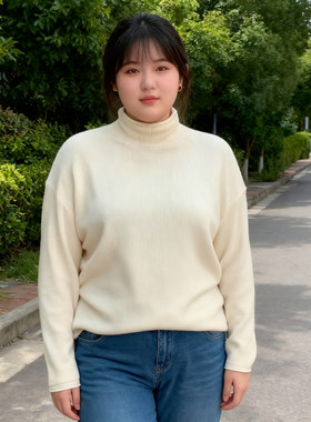胖mm慵懒风半高领长袖毛衣女