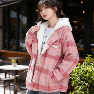 大码 胖mm甜美风假两件连帽格子毛呢外套夹棉加厚保暖宽松棉服 女装