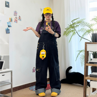 连体裤 300斤胖mm大码 女宽松显瘦工装 复古多口袋牛仔背带裤 子 美式