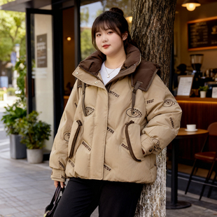 加厚保暖宽松面包服外套 胖mm撞色印花连帽棉服女2025新款 大码 女装