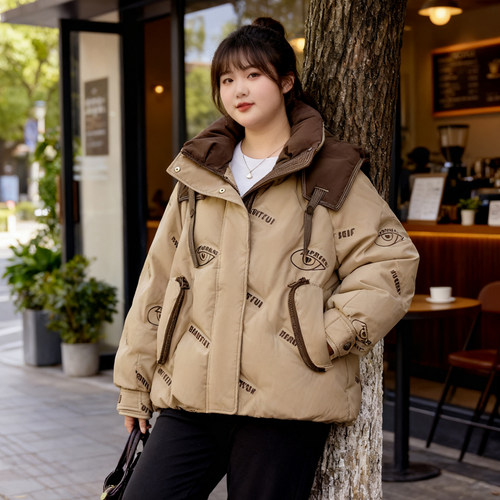 大码女装撞色印花连帽棉服外套