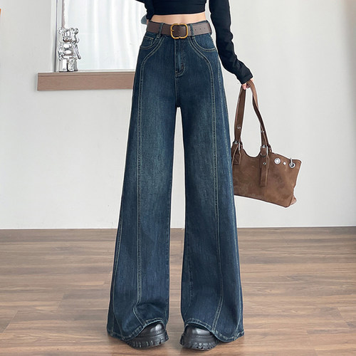 大码胖mm复古高腰直筒阔腿牛仔裤