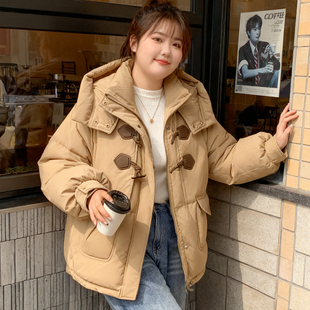 牛角扣连帽棉服女冬季 胖mm韩版 加厚保暖显瘦面包服外套 女装 大码