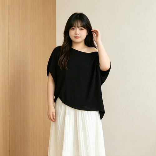 大码胖mm黑色斜肩针织短袖T恤女