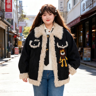 大码 卡通羊羔毛拼接翻领牛仔外套女宽松夹棉加厚棉衣外套 胖mm冬季