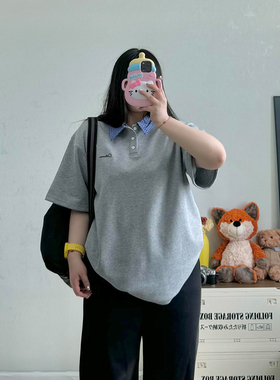 300斤胖mm大码灰色美式复古格子POLO领拼接短袖T恤女宽松半袖上衣