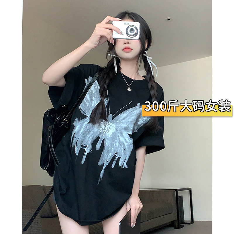 300斤胖mm大码女装蝴蝶印花t恤