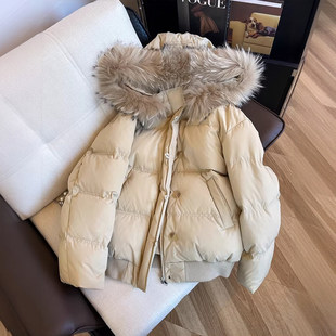 300斤大码胖mm卡其色连帽毛领面包服女冬季宽松加厚保暖棉服外套