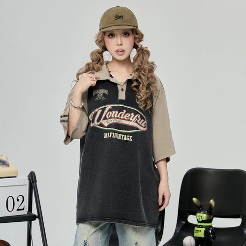 300斤大码美式复古撞色短袖T恤