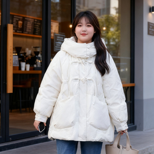大码 牛角扣羽绒棉服女连帽宽松胖mm加厚保暖百搭棉衣棉袄外套 女装