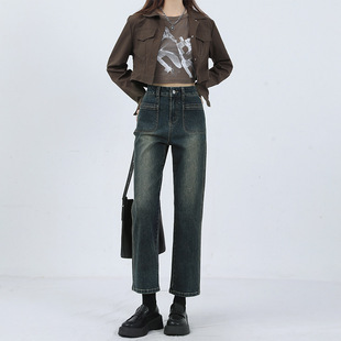 女装 宽松显瘦弹力九分烟管裤 胖mm美式 女春秋季 高腰直筒牛仔裤 大码