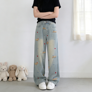 子 女高腰宽松直筒裤 2026春夏大码 胖mm复古童趣卡通刺绣阔腿牛仔裤