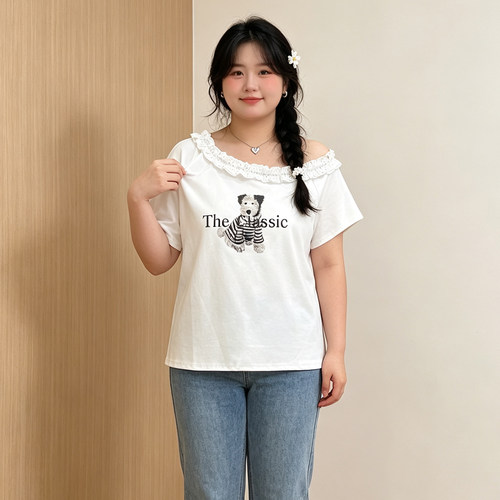 大码韩系花边斜肩印花短袖t恤女