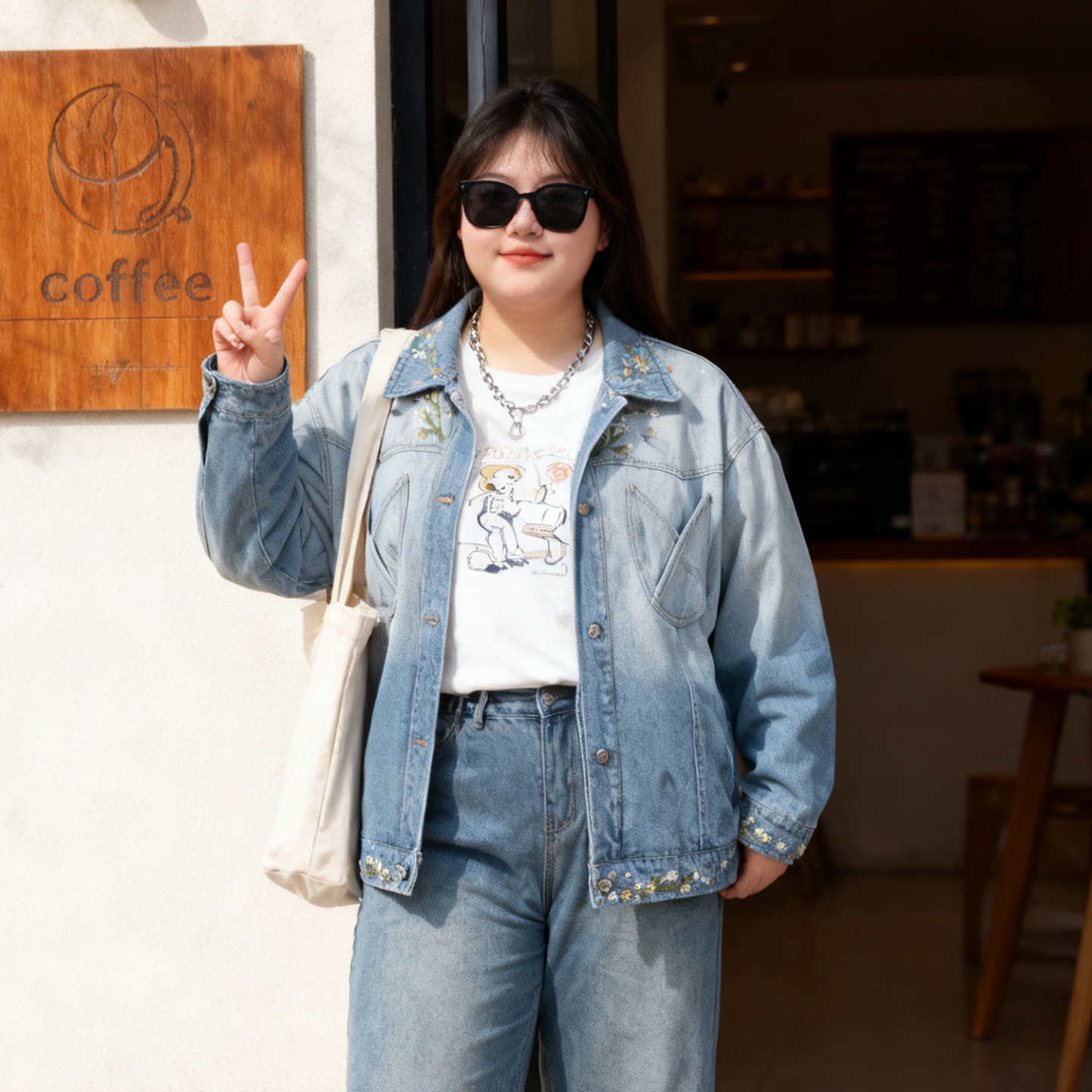 大码胖mm美式复古花卉刺绣牛仔