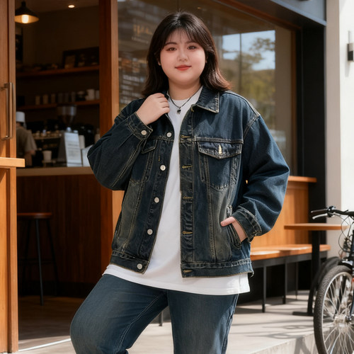 大码女装复古做旧宽松牛仔外套