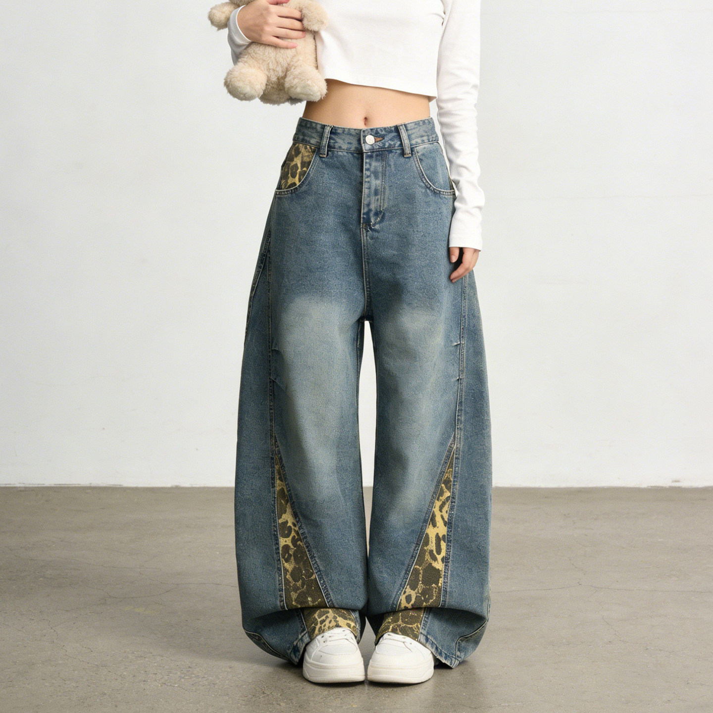 大码胖mm美式复古豹纹拼接牛仔裤女高腰宽松阔腿直筒设计感弯刀裤,女装/女士精品,大码裤装,淘宝优惠券,粉丝福利购,淘宝优惠卷