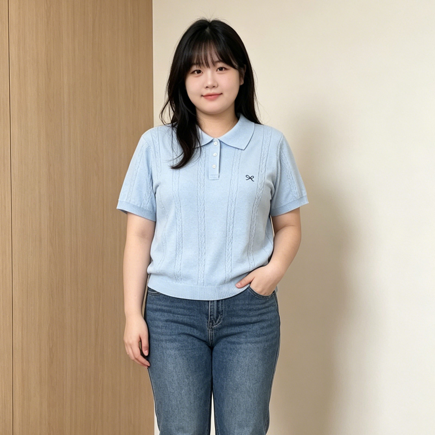 300斤大码胖mm学院风翻领麻花刺绣针织短袖T恤女宽松遮肉显瘦上衣