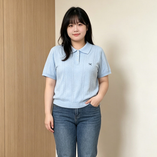 大码翻领麻花刺绣针织短袖T恤女