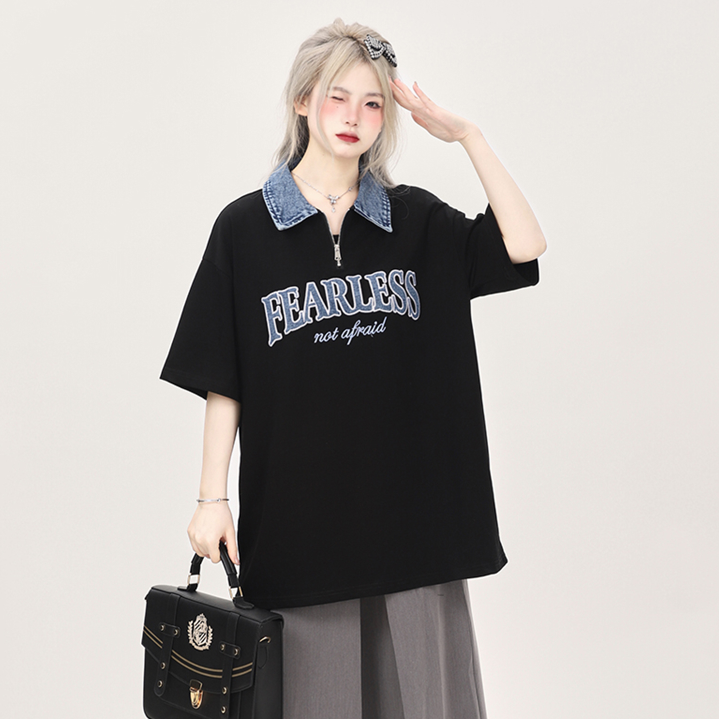 300斤大码美式复古字母刺绣t恤女