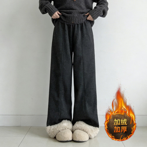 大码黑色高腰加绒加厚直筒卫裤