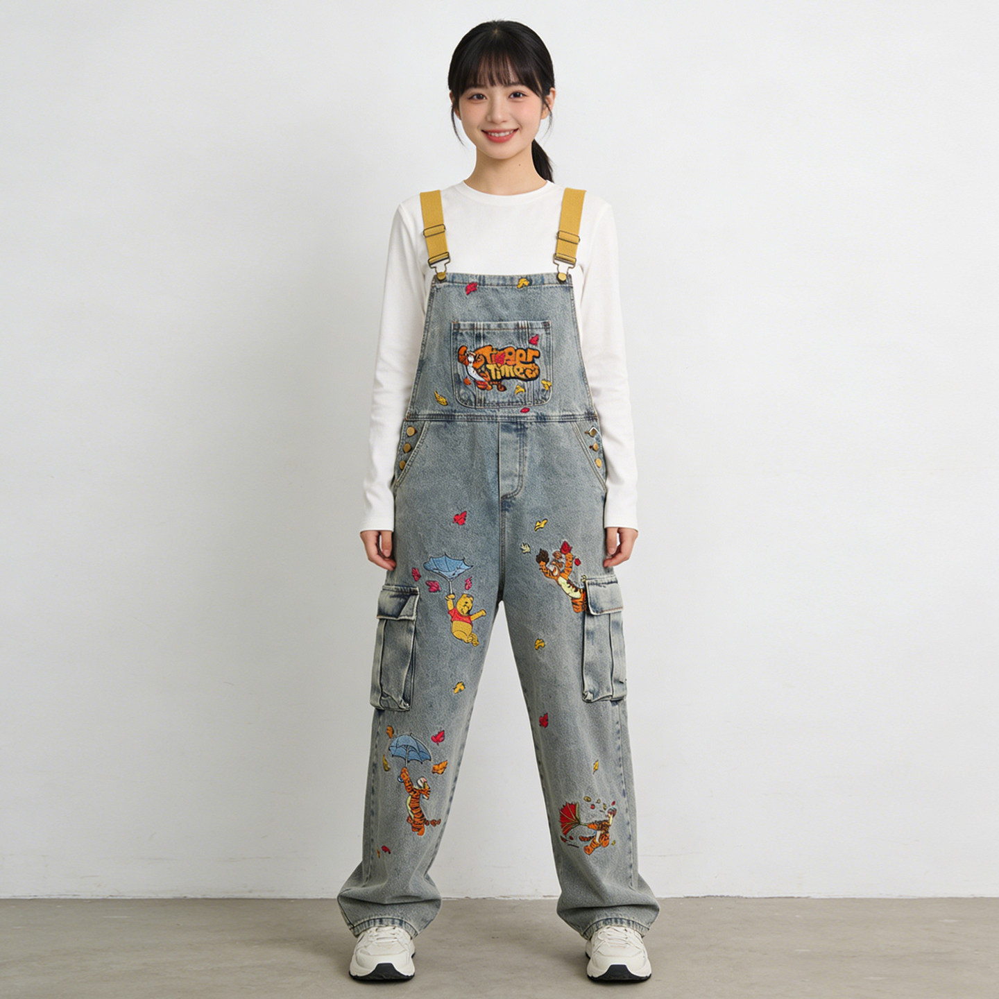 2026春季大码胖mm美式童趣卡通刺绣牛仔背带裤女宽松设计感连体裤,女装/女士精品,大码裤装,淘宝优惠券,粉丝福利购,淘宝优惠卷